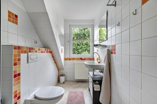 a bathroom with a sink and a toilet and a window at Ferienhaus Dohle in Vollerwiek