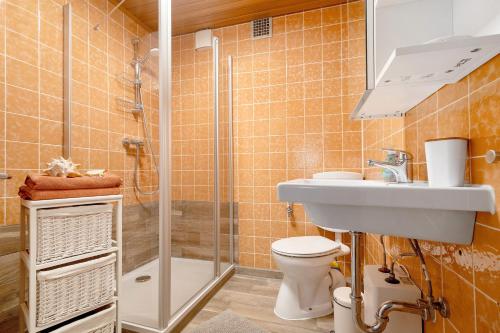 ein Badezimmer mit Dusche, Waschbecken und Toilette in der Unterkunft Lindenhardt in Creußen