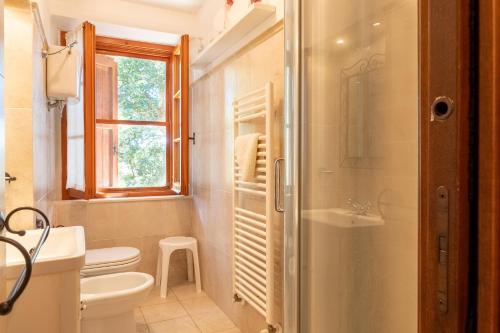 a bathroom with a toilet and a sink and a shower at Podere Villa Rosa Torrita di Siena in Torrita di Siena