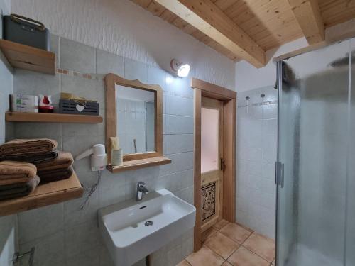 a bathroom with a sink and a shower at Appartamento Adamello 5 in Pinzolo