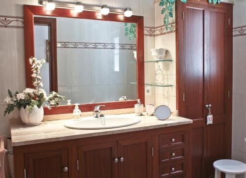 a bathroom with a sink and a large mirror at Las Tórtolas in Alaior