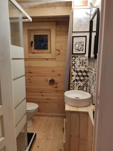a small bathroom with a toilet and a sink at Au chant des oiseaux - rouge gorge in Varen