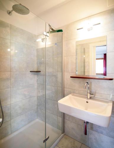 a bathroom with a sink and a shower at Peter Paul Studio Penegal in Appiano sulla Strada del Vino