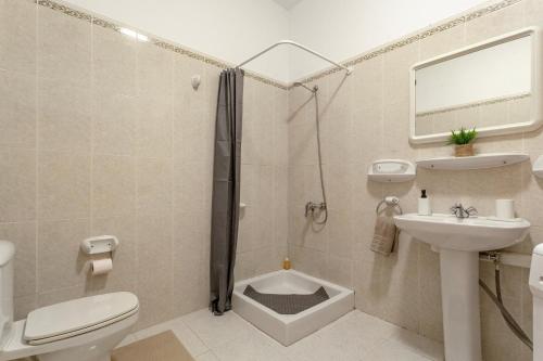 a bathroom with a shower and a toilet and a sink at La Casa Bianco in El Cotillo
