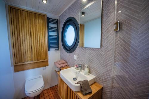 a bathroom with a sink and a toilet and a mirror at Wohlfühl-Hausboot Elements Woma D13 in Fürstenberg