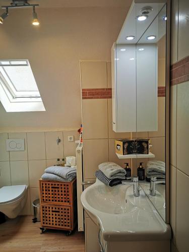 a bathroom with a sink and a toilet and a mirror at Haus Sonnenschein in Bad Bertrich