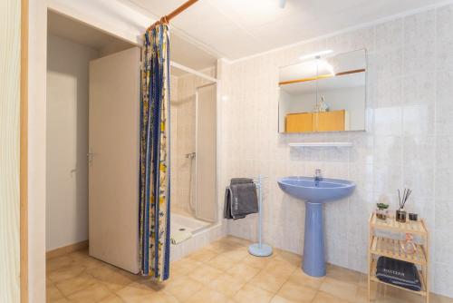 a bathroom with a sink and a shower and a toilet at Gîte dels Ocells in Camélas