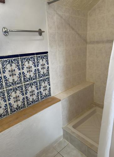 a bathroom with a shower with blue and white tiles at Gite Chez Lucien in Trébas