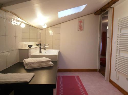 a bathroom with a sink and a mirror and a sink at La Gourmantine in Polignac