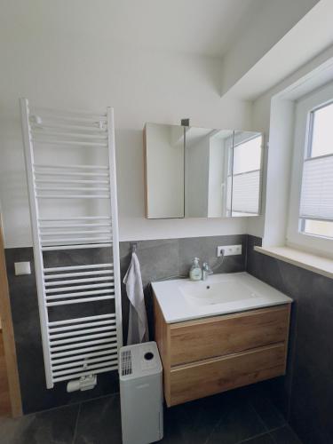 a bathroom with a sink and a mirror at Ferienwohnung Adelsried 2 in Adelsried