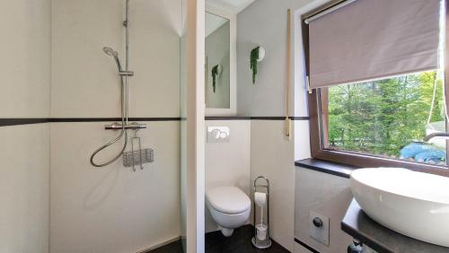 a bathroom with a shower and a toilet and a sink at Fewo Jörges in Obernhausen
