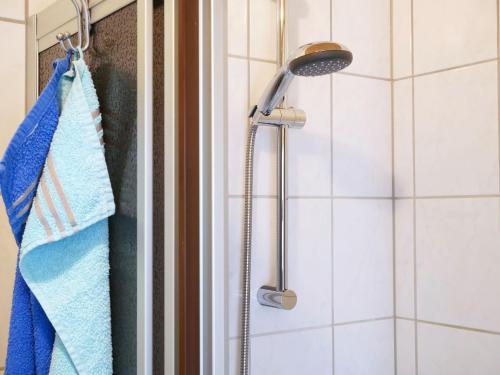 a shower in a bathroom with a blue towel at Ferienwohnung Ketterer in Breitnau