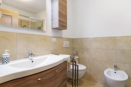 a bathroom with a sink and a toilet at Apartment Stuflesser in Laion