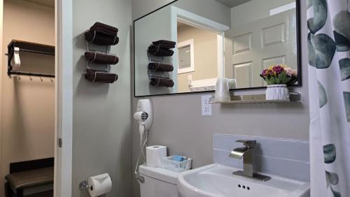 a bathroom with a sink and a mirror at Red Coat Inn Motel in Fort Macleod