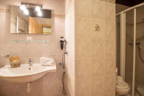 ein Badezimmer mit Waschbecken, Toilette und Spiegel in der Unterkunft Oberplunerhof - Fewo Kronplatz in Kiens