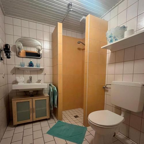 a bathroom with a toilet and a sink at Ferienhof Reimers in Wesselburenerkoog