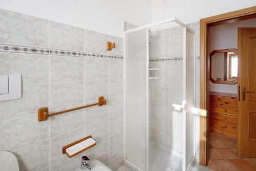 a bathroom with a shower and a toilet at Residence Malibu Appartamento 3 in Falcade