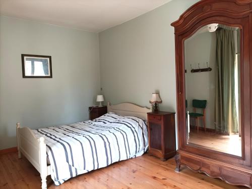 a bedroom with a bed and a large mirror at Maison L'oustal Du Lévéjac in Saint-Rome-de-Tarn