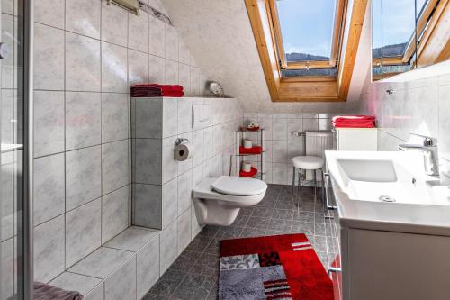 a bathroom with a toilet and a sink at Haus Elfi in Hausen am Tann