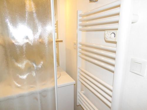 a shower with a glass door in a bathroom at studio la joue du loup in Le Dévoluy