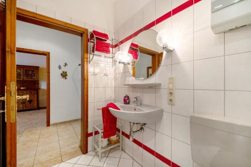 a bathroom with a sink and a mirror at Eulennest 1 in Minheim