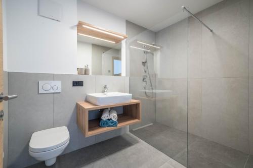 a bathroom with a sink and a toilet and a shower at Sunnig Apartment Abendsonne in Vollan