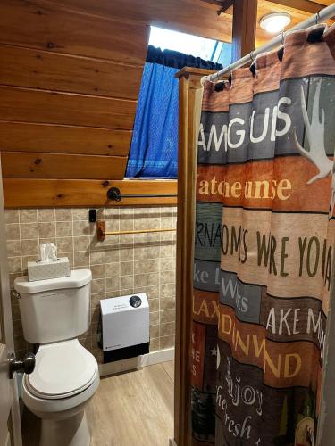 a bathroom with a toilet and a window at Red Sleigh Chalet - Campton in Campton