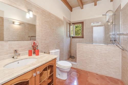 a bathroom with a sink and a toilet and a shower at Es Vinyo in Biniali