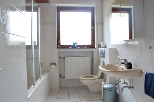 a white bathroom with a toilet and a sink at Am Trapp in Padberg