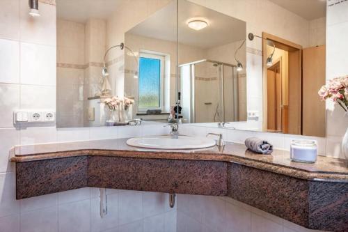a bathroom with a sink and a large mirror at Habichtssicht in Buschvitz