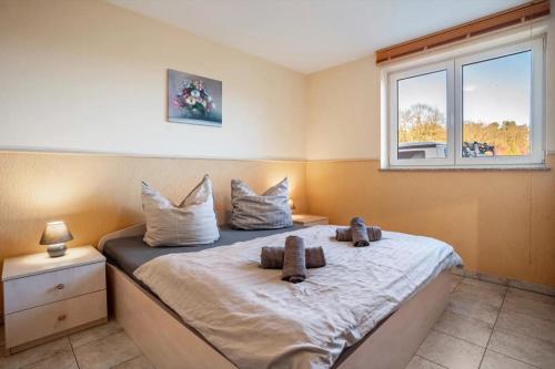 a bedroom with a bed with a window at Habichtssicht in Buschvitz