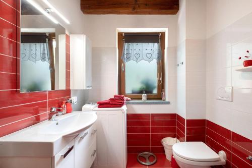 a bathroom with a white sink and red tiles at La casa di Alice in Gignod