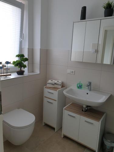 a white bathroom with a toilet and a sink at Haus Seestern in Walchum