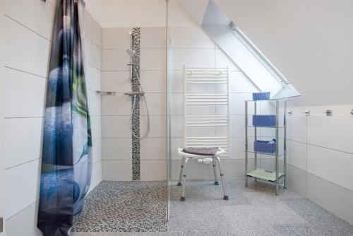 a shower in a bathroom with a chair and a glass door at Bäckerhus - Ferienwohnung 4 in Wiek auf Rügen