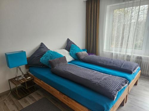 a couch with blue cushions in a room with a window at Haus am Goldberg in Tannheim