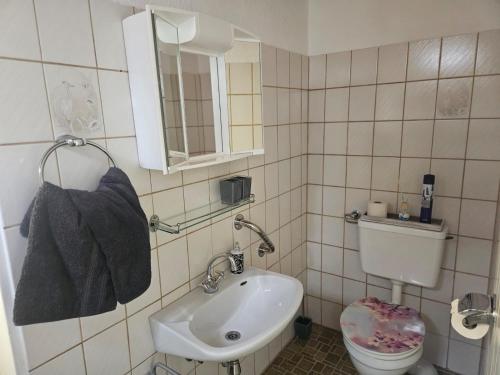 a bathroom with a sink and a toilet and a mirror at Haus am Goldberg in Tannheim