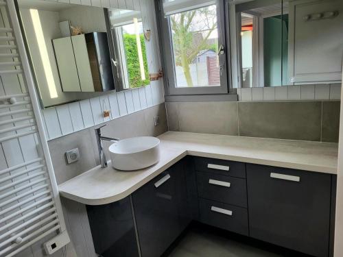 a bathroom with a sink and a mirror at Maison De Bord De Mer in Pirou