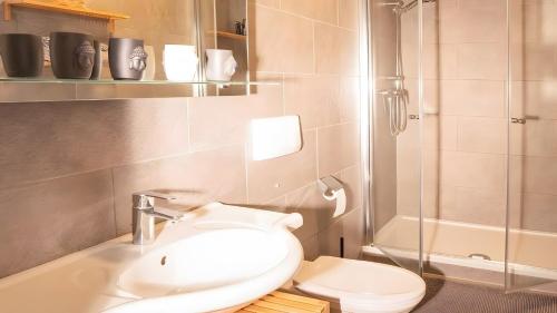 a bathroom with a toilet and a sink and a shower at Ferienwohnung Lichtblick in Sattendorf