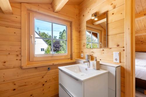 a bathroom with a sink and a mirror at Chalets Jettweiler in Stockach