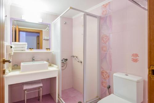W łazience znajduje się prysznic, umywalka i toaleta. w obiekcie Akrata Beach Hotel w mieście Akrata