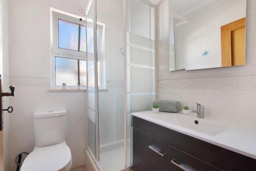 a bathroom with a toilet and a sink and a mirror at Villa Constança in Manta Rota