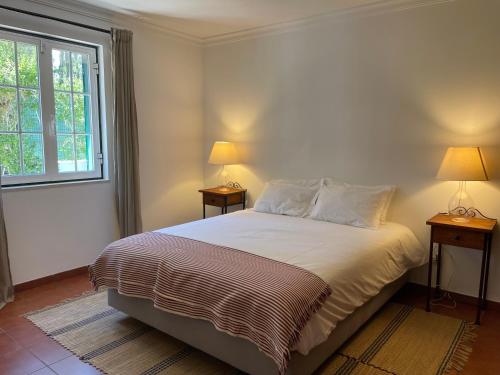 a bedroom with a bed and two lamps on two tables at Casa dos Pinheiros in Giz