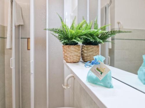 a bathroom with two plants in baskets on a counter at Appartamenti Le Querce App. Melograno in Capoliveri