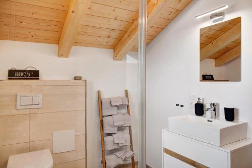 a bathroom with a sink and a mirror at Alpenloft Meditz in Unterammergau