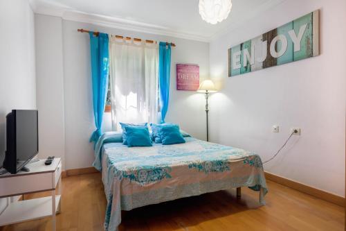 a bedroom with a bed with blue pillows at Casa Las Cañas in Icod de los Vinos