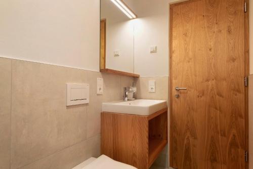 a bathroom with a sink and a wooden door at Noreia Pitla in Ortisei