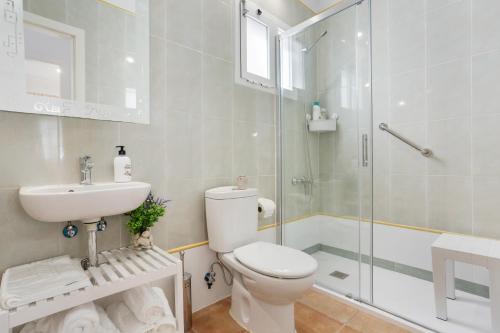 a bathroom with a toilet and a shower and a sink at Calida Vivienda Accesible in Caleta De Fuste