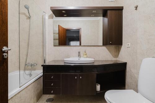a bathroom with a sink and a toilet and a shower at Paradise Villa in Esposende