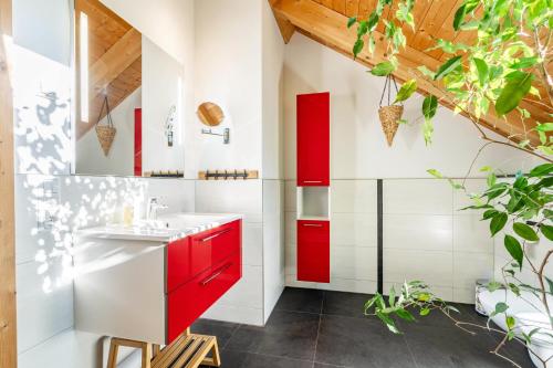a bathroom with red cabinets and a sink at Blockhaus - Ferienwohnung Sunset in Erdmannsdorf