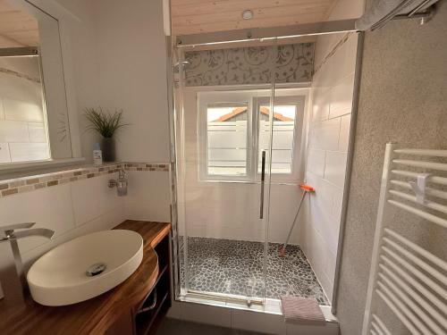 a bathroom with a shower with a toilet and a sink at Ferienwohnung Bullentäle in Albstadt